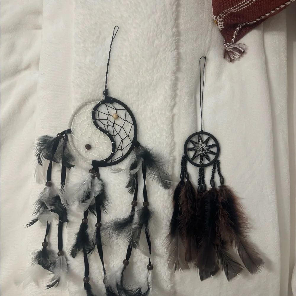 Boho Dream Catcher Bundle Set of 2 – Yin Yang & Black Feather Wall Hanging Decor